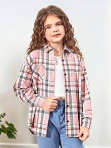 SHEIN Tween Girl Plaid Print Pocket Drop Shoulder Shirt - Multicolor - View 3