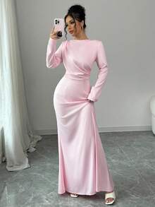 Lyxana 情人节单件缎面褶皱优雅浪漫女士连衣裙长款女装 - 粉色 - 查看 6