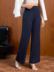 EURMUSE 女士纯色拉链阔腿裤 - 藏蓝色 - 查看 1