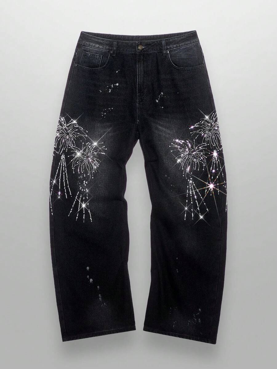 NEON BLANC X LYSMO COLLAB Men's Firework Embroidery Beaded Washed Casual Denim Jeans, Couple Things - Dark Wash - View 1