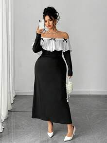 Elenzga Plus Size Women Elegant Fitted Off Shoulder Long Sleeve Patchwork White Bow Collar Dress, Autumn/Winter - Black - View 4