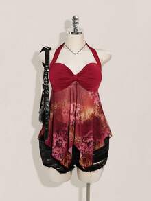 SHEIN ICON Áo nữ cỡ lớn mùa hè kiểu dáng thường ngày, xếp ly, vạt áo bất đối xứng, cổ nơ - Màu Đỏ Sâu - Xem 2