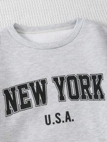 SHEIN 青少年女孩舒适休闲简约口号印花超大圆领长袖连帽衫和紧身运动裤套装，麻灰色 - 彩色 - 查看 3