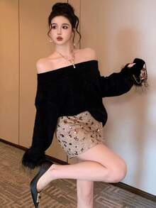 DAZY New Elegant Fluffy Patchwork Off Shoulder Women Sweater, Autumn/Winter - Black - View 8