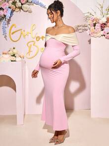 Loomaby 孕妇装拼色长袖露肩鱼尾下摆修身优雅连衣裙 - 粉色 - 查看 3