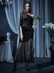 万圣节暗黑哥特浪漫风天鹅绒拼布蕾丝鱼尾裙 - 黑色 - 查看 7