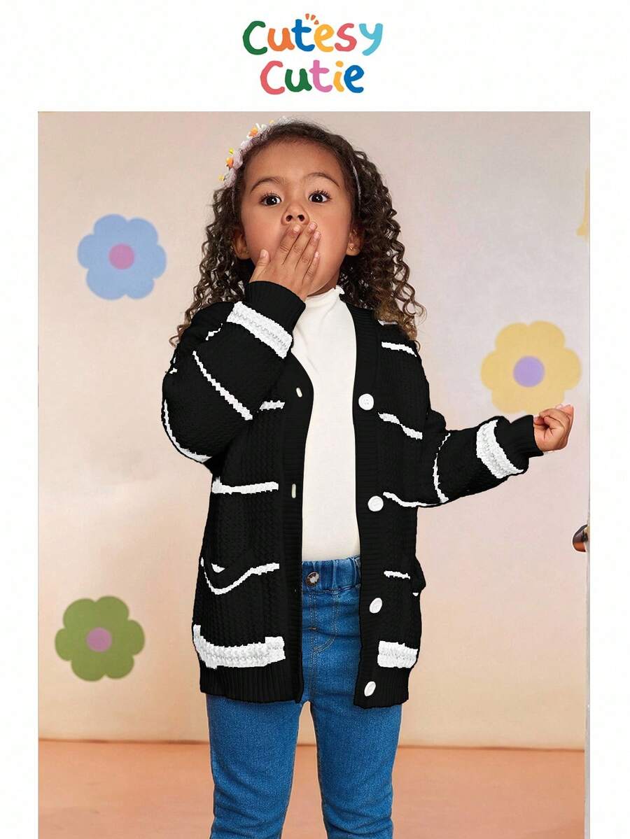 少女彩色条纹宽松休闲开衫毛衣，秋冬 - 黑色 - 查看 1