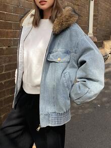 Livesso Damski, swobodny, zapinany na zamek, pikowany płaszcz z kieszeniami, styl uliczny, kurtka jesienno-zimowa - Niebieski - Zobacz 6