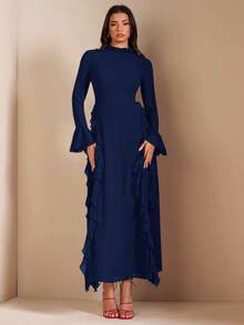 SHEIN BAE Váy dài tay cổ cao màu đỏ thanh lịch dành cho nữ, thích hợp cho các buổi hẹn hò, dạ tiệc - Màu xanh hải quân - Xem 4
