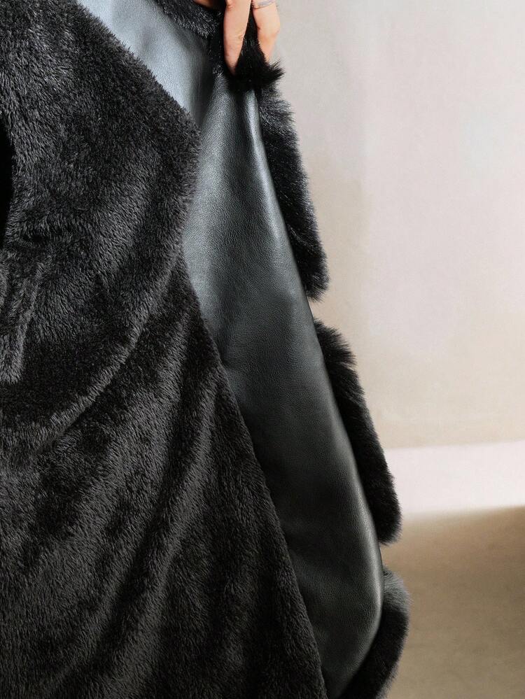 Chaqueta de talla grande con forro de piel, cintura ajustada y cuello de piel sintética de estilo parche para mujer, para otoño/invierno