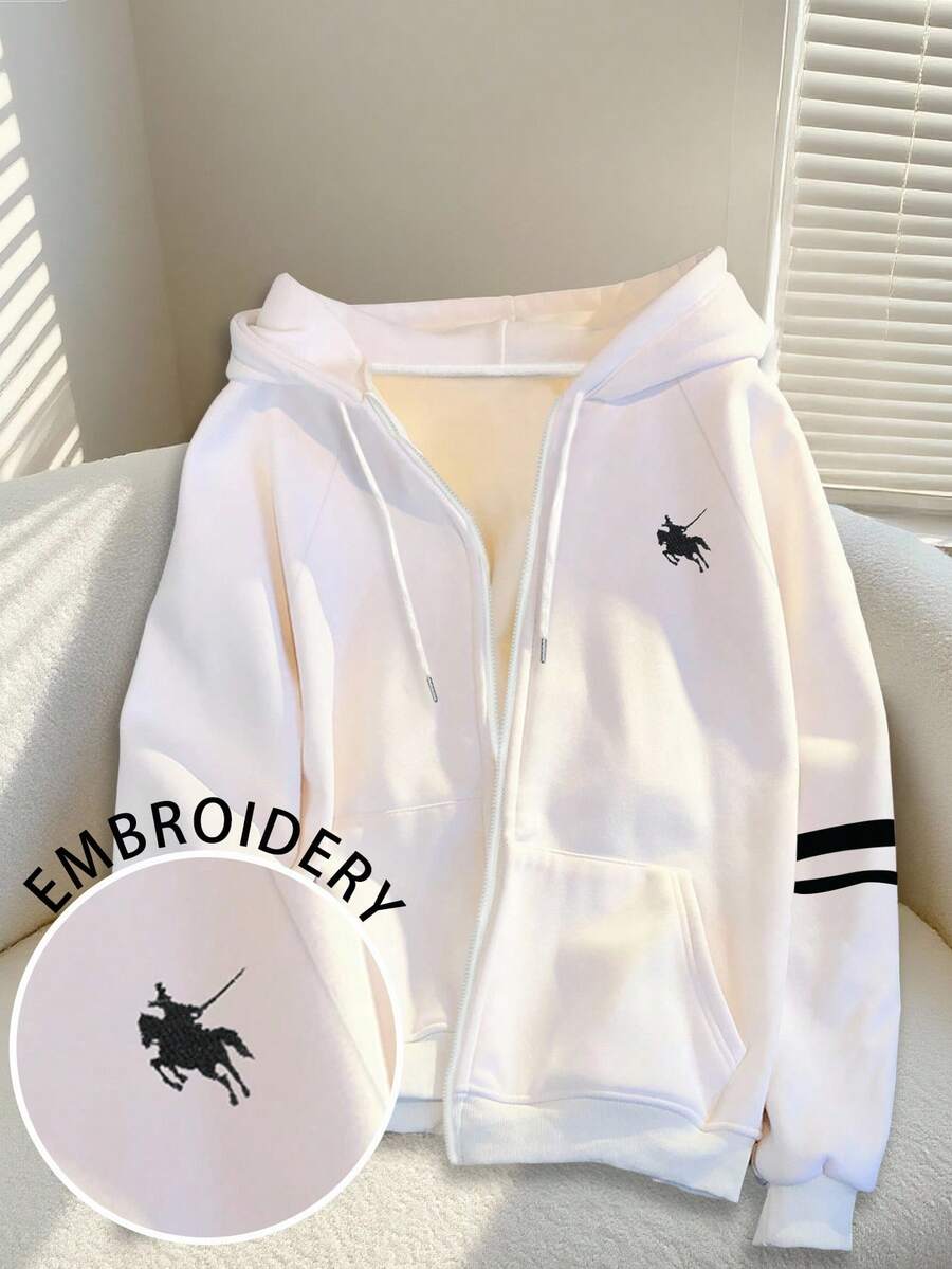 Elamini 女式条纹插肩袖拉链抽绳连帽衫秋季 - 白色 - 查看 1