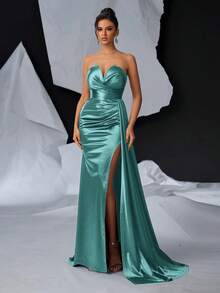 Glamrae 优雅奢华 V 领褶饰侧垂高开衩鱼尾长裙、晚礼服 - 薄荷藍 - 查看 1