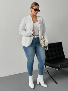 SHEIN PETITE CURVE 大码女式纯色长袖单排扣立领休闲开衫，秋冬 - 白色 - 查看 5