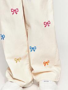 Radiana Tween Girl Y2K 时尚纯色水洗蝴蝶结牛仔裤刺绣蝴蝶结宽松牛仔直筒牛仔裤，秋季服装返校街头服饰 - 杏色 - 查看 4