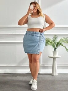 EURMUSE 女式迷你裙 中号 洗水纽扣细节 加大码 - 淺色水洗藍 - 查看 6