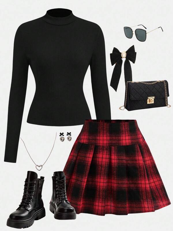 SHEIN Girlism Conjunto de 2 piezas de estilo escolar de otoño para adolescentes, suéter de punto de cuello alto negro de manga larga y falda plisada a cuadros rojos, adecuado para Navidad, capas de otoño/invierno, temporada de regreso a clases