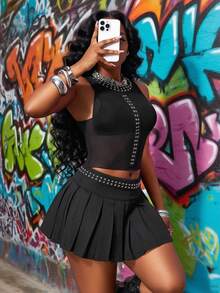 Slaydiva Conjunto de 2 piezas de mujer 2025 de estilo retro Y2K, punk y casual de verano con top de malla transparente de escote redondo sin mangas con detalles de cutíes, y falda plisada con diseño de tejido negro en forma de A - Negro - Ver 8