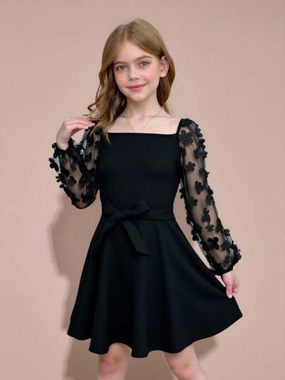 Pitira Abito elegante per ragazze pre-adolescenti, con colletto lavorato a maglia, maniche a palloncino, vita con taglio a rete e cintura con fiocco, orlo a campana, adatto per primavera, autunno e inverno