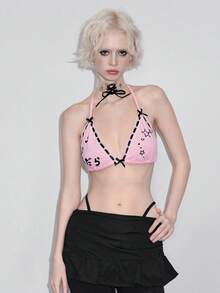 ROMWE Avant Y2K Aesthetic Lace Patchwork Bowknot Crop Top With Japanese Text Print And Rhinestones