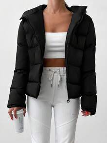 EURMUSE Zip Up Hooded Puffer Coat - Black - View 3