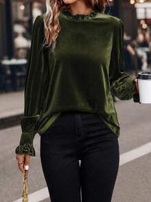 LanaWest Blusa de manga abullonada de unicolor elegante para ir al trabajo, otoño - Verde militar - Ver 6