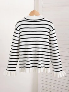 SHEIN 女童荷叶边半高领喇叭袖毛衣，简约修身针织上衣，2025秋冬韩版时尚设计，手工蝴蝶结，拼色，荷叶边下摆，开学季套头衫 - 黑與白 - 查看 2