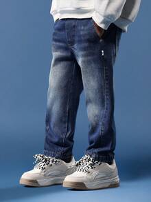 SUMWON 棉质弹力腰带套穿牛仔裤 儿童舒适宽松牛仔裤 休闲日常经典直筒水洗裤 秋冬春装 青少年风格 度假 - 藍色 - 查看 2