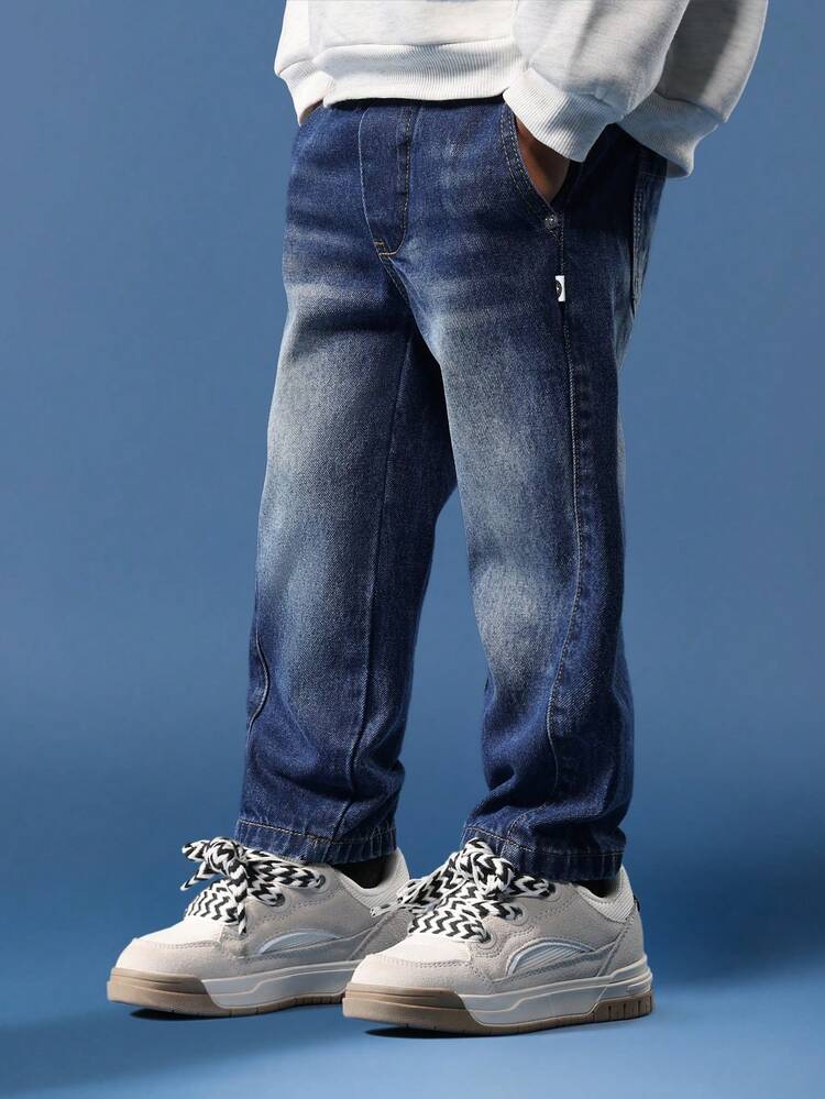 SUMWON 棉质弹力腰带套穿牛仔裤 儿童舒适宽松牛仔裤 休闲日常经典直筒水洗裤 秋冬春装 青少年风格 度假 - 藍色 - 查看 2