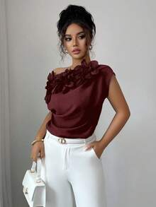 Elenzga 女士优雅通勤不对称领衬衫，3D花卉装饰，夏季 - 酒紅色 - 查看 4