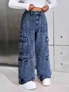 SHEIN 少女Y2K春夏时尚纯色水洗高腰翻盖口袋宽松直筒工装牛仔裤，适合女孩夏季返校街头风、海滩波西米亚风音乐会阔腿裤、锐舞节、毕业典礼等场合，Y2K宽松牛仔裤，水洗牛仔宽松牛仔裤，少女秋冬工装牛仔裤 - 深色水洗藍 - 查看 3