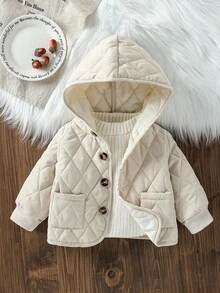 Infant/Toddler Baby Girl Baby Boy Unisex Casual Minimalist Large Pocket Padded Mid-Length Hooded Trench Coat, Autumn/Winter Quilted Baby Jacket Baby Coat Baby Hooded Jacket Newborn Coat Baby Winter Coat 3M-3T Fall - Apricot - View 1