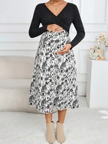 SHEIN 哺乳裹身长袖撞色全印花休闲连衣裙 - 彩色 - 查看 3