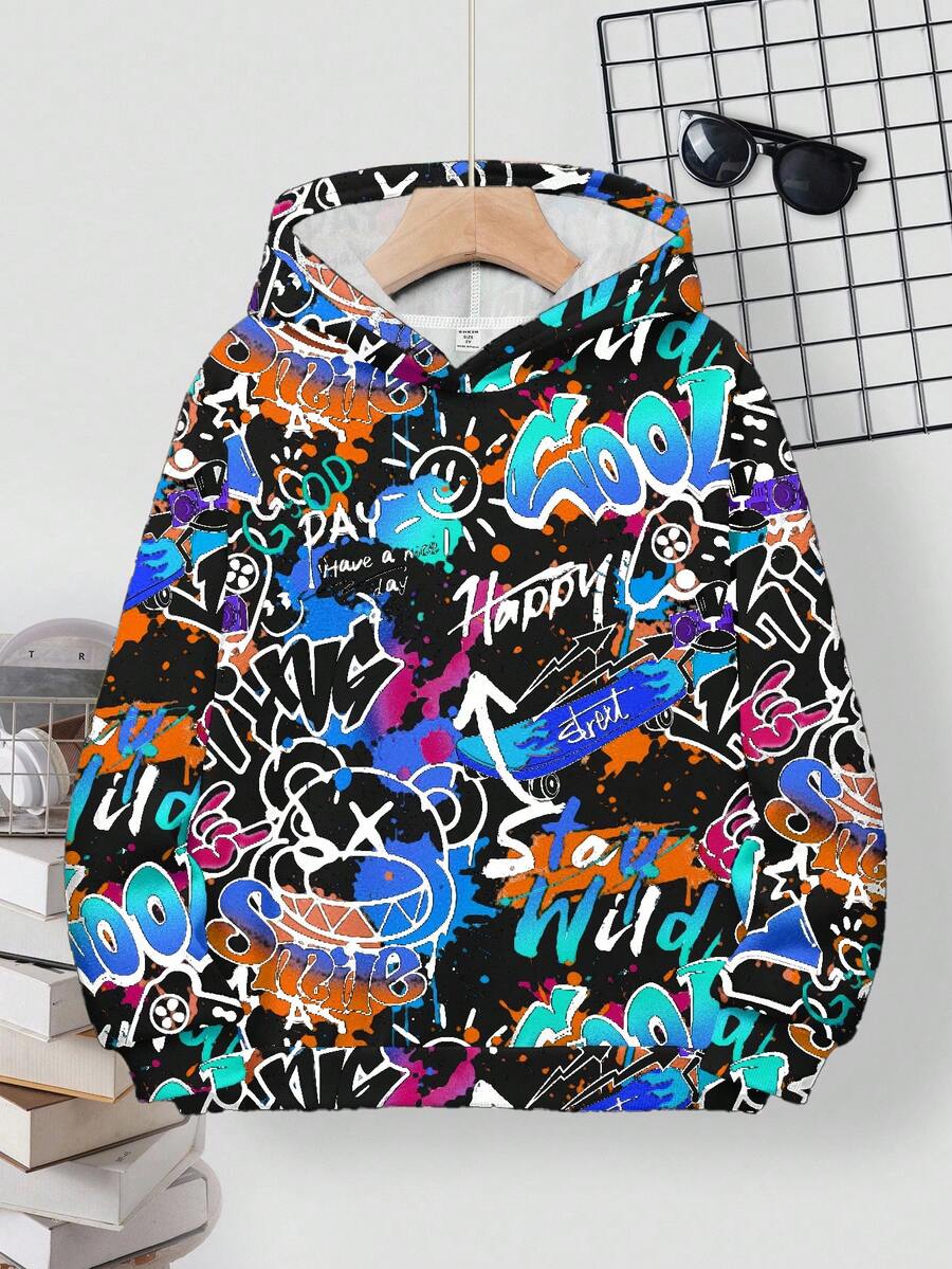 SHEIN Áo nỉ dài tay dáng rộng thoải mái, phong cách hip hop cổ điển, màu sắc tươi tắn, in hình mặt cười graffiti, thích hợp cho bé trai tuổi teen, mùa thu/đông. - Nhiều màu - Xem 1