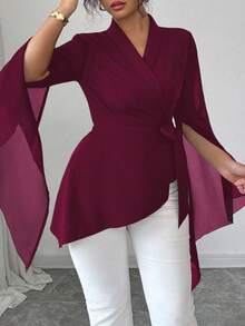 Elenzga لا تنفد أبدًا من الأناقة: الجوتيك بريب مع لمسة أربعاء. احتضن أنوثتك الداكنة الداخلية. بلوزة أنيقة فرنسية سوداء طويلة الأكمام مع ربطة عنق وتصميم متباين الأطراف مناسبة للنساء في المواسم الانتقالية - عنابي اللون - مشاهدة 3