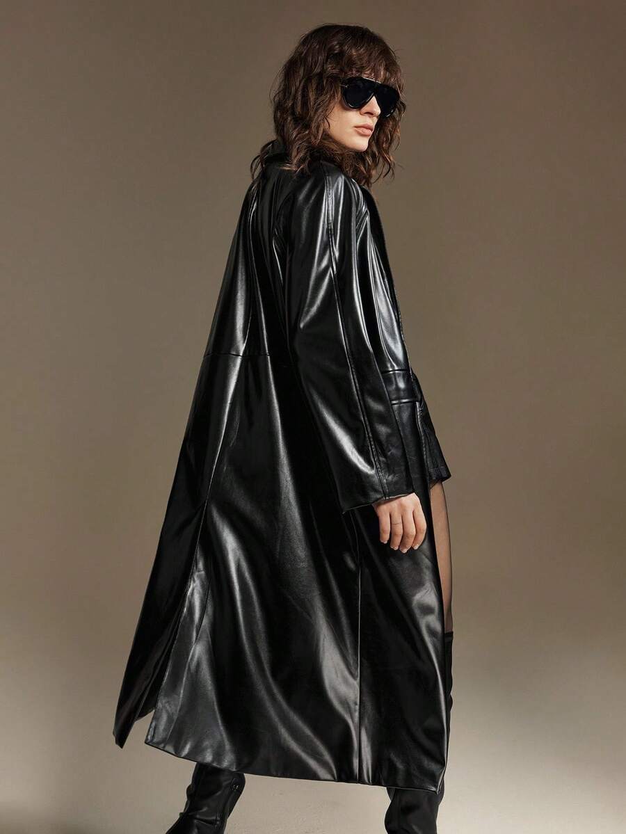 Ontre 2025现代都市风格长款皮衣直筒宽松版型商务休闲通勤日常穿搭秋季 - 黑色 - 查看 1