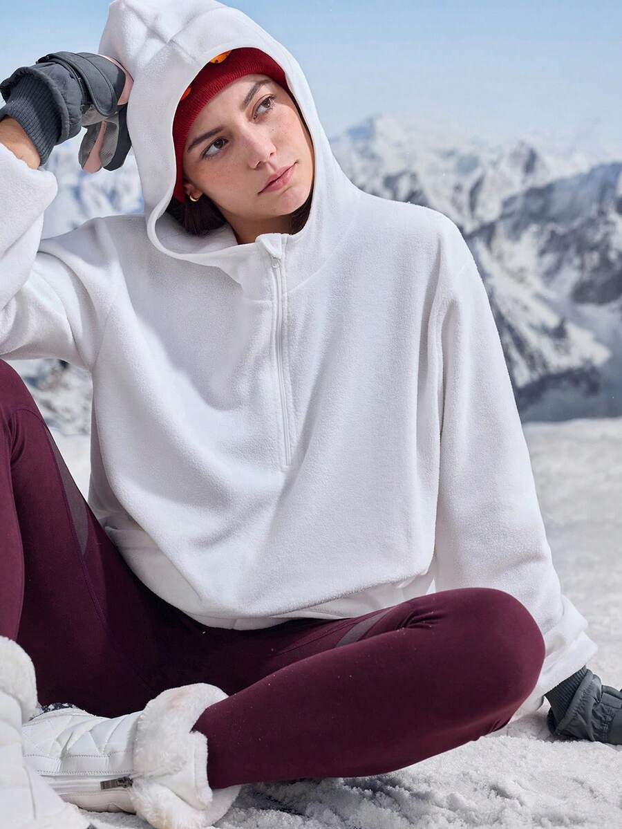 In My Nature 女式休闲纯色连帽户外羊毛夹克，秋冬 - 白色 - 查看 1