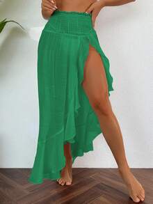 Swim Vcay Women Ruche Waist Lotus Leaf Edge Lightweight Split Hem Long Beach Dress For Summer Beach Vacation - Green - View 6