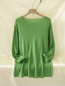 INAWLY 女式简约舒适纯色绿色毛衣 - 綠色 - 查看 2