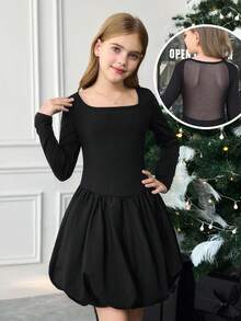 SHEIN 女童优雅方领泡泡袖长袖纯黑色迷你连衣裙 - 黑色 - 查看 1