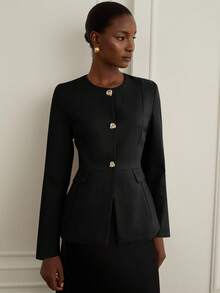 Revavyn Áo khoác Blazer tay dài dáng rộng cổ tròn khóa kim loại màu trơn thanh lịch tối giản sang trọng cổ điển đa năng dành cho nữ đi làm - màu đen - Xem 3