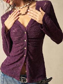 Bohemela 大码女式V领单排扣长袖褶皱时尚衬衫 - 紫色 - 查看 1