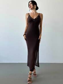 Firerie Women's Elegant Romantic Delicate Date Party Vacation Music Festival Bohemian Teacher Outfit V-Neck Tassel Texture Spaghetti Strap Eggplant Purple Maxi Dress, Summer - Purple - View 2