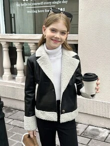 SHEIN 青少年女孩休闲时尚百搭超大领 PU 仿皮毛撞色口袋夹克，适合周末、休闲外出、返校、日常穿着，秋冬时尚女孩 - 黑色 - 查看 7
