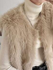 FRIFUL 女式卡其色圆领无袖宽松休闲百搭多层蓬松夹克，秋冬背心仿皮草大衣 - 米色 - 查看 1