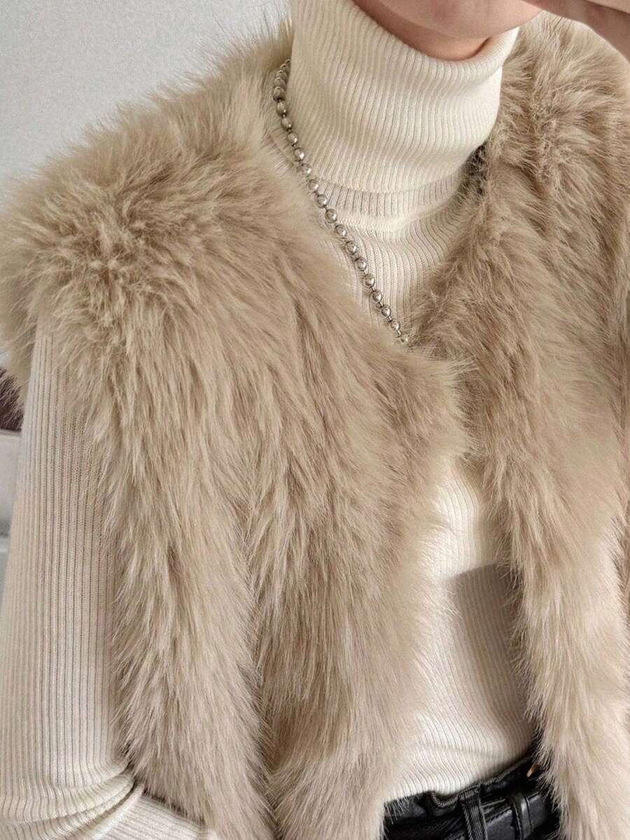 FRIFUL 女式卡其色圆领无袖宽松休闲百搭多层蓬松夹克，秋冬背心仿皮草大衣 - 米色 - 查看 1