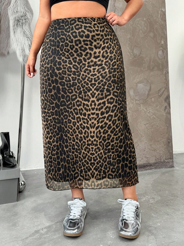 GalTyme Falda larga informal de talla grande con estampado de leopardo