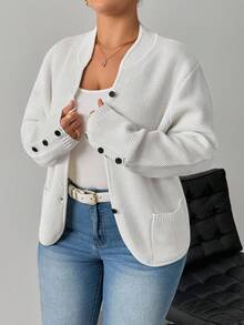 SHEIN PETITE CURVE 大码女式纯色长袖单排扣立领休闲开衫，秋冬 - 白色 - 查看 3