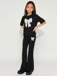 Radiana 2 件 Tween Girl 休闲蕾丝蝴蝶结图案 T 恤和长裤套装，适合春夏季 - 黑色 - 查看 4