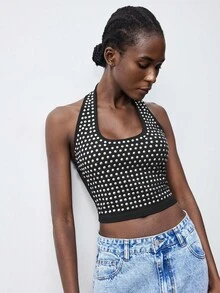 Maija 2025 Rivet Halter Neck Sleeveless Fashion Tank Top Studded Top Bling Top Rhinestone Tops, Polka Dot, Black Top , Black Corset, Party Outfit, Halloween Costumes, Nightmare Before Christmas, Halloween Costume, Autumn Outfits For Women, Sequin Top, Black Top, Beach Outfit For Women
