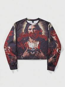 ROMWE MEN Street Life T-shirt a maniche corte da uomo con stampa gotica vintage di Gesù con strass, adatta per primavera/estate e autunno